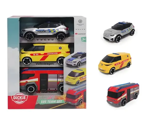 Simba SOS Team Set 3-teilig / Set mit freilaufenden Fahrzeugen / Feuerwehr, Polizei, Krankenwagen / Maßstab 1:36 / 15,5 cm