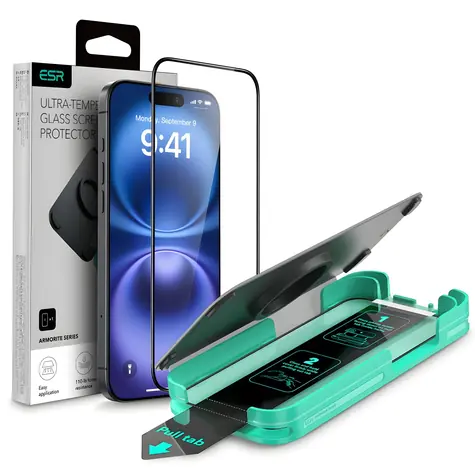 ESR Armorite schwarz / Schutzglas / Apple iPhone 16 / mit Montagerahmen und Applikator