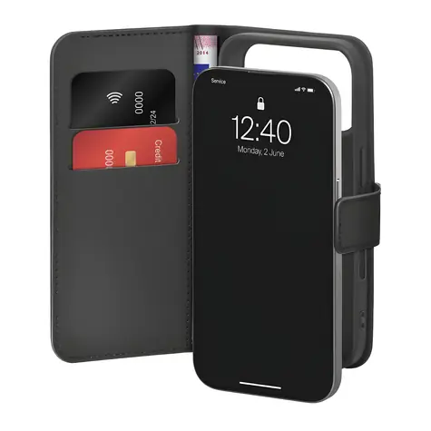 Puro Wallet Stand schwarz / Hülle / iPhone 17 Pro / Kunstleder / Brieftasche und Ständer