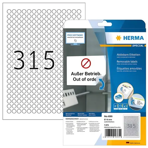 Herma Runde Etiketten 10 mm / weiß, ablösbar / A4 / 25 Blatt / 7875 Stück