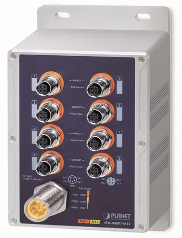 Planet wasserdichter PoE-Switch 8x FE M12 IP67 / Switch / 8x PoE 802.3at 180 W / -40 bis 75 °C / 12-56 VDC