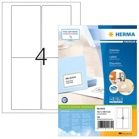 Herma Adressetiketten A4 78,7 x 139,7 mm weiß / Etiketten / mattes Papier / abgerundete Ecken / 400 Stück / 100 Blatt