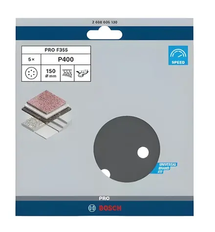 BOSCH PRO F355 / Schleifpapier P400 / Durchmesser 150 mm / 5 Stück.