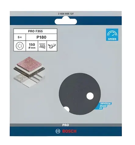 BOSCH Schleifpapier P180 O150 mm / Schleifpapier / Für Exzenterschleifer / Klettverschluss / 6 Löcher / 5 Stück
