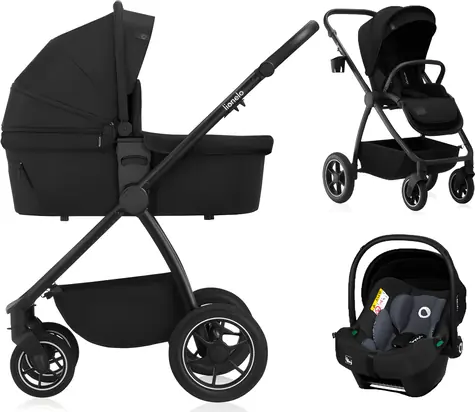 Lionelo Kinderwagen Meril 3-in-1 Schwarz Onyx / Tiefer Sportkinderwagen und Autositz / Geländetaugliche PU-Räder / Aluminiumrahmen