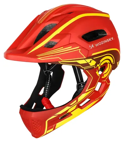 WOZINSKY Kinder-Integralhelm, rot-gelb, mit USB-Rücklicht, Größe S