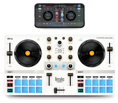 Hercules DJControl Mix Ultra weiß / Mixer / Bluetooth Low Energy / 10 Std. Akkulaufzeit / 8 Pads / 3-Band-EQ