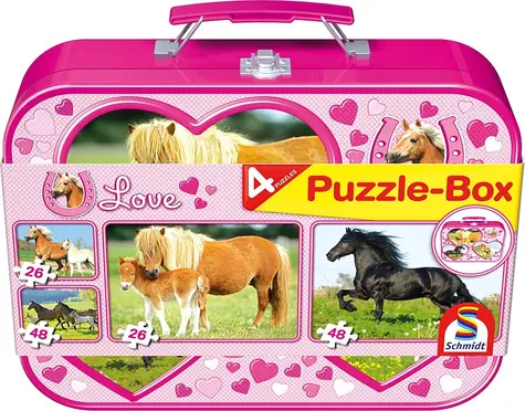Schmidt Puzzle Pferde 4in1 / 26+26+48+48 Teile / Metallkoffer
