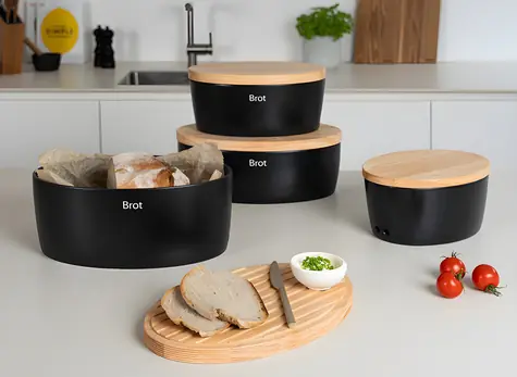 Continenta Brotkasten XXL schwarz / Brotkasten / Keramik und Holz / 36 x 23 x 15,5 cm
