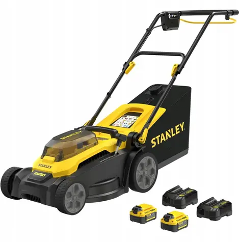 Stanley V20 SCMWP3701M2-QW schwarz/gelb / Akku-Rasenmäher / 36 V (2 x 18 V) / Schnittbreite 37 cm / Fangkorb 45 l / 2 x 4,0 Ah