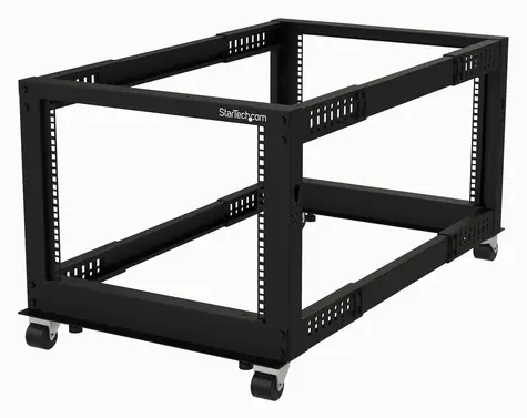 StarTech Open Rack 8U Mobil / Offener Schrank / 4-Pfosten / Verstellbare Tiefe 22-40 Zoll / Tragfähigkeit 544 kg