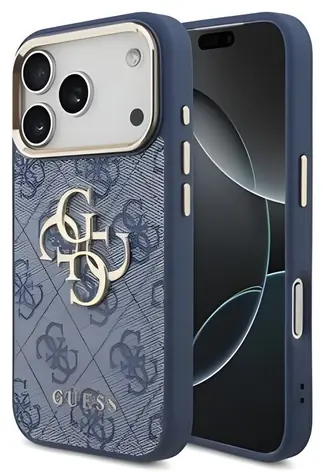 Guess PU-Leder 4G Logo Goldrahmen blau / Rückseite / iPhone 18 Pro