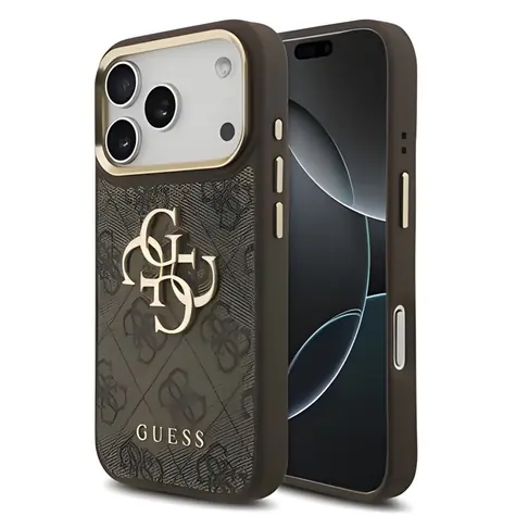 Guess PU-Leder 4G Logo Goldrahmen braun / Rückseite / iPhone 18 Pro