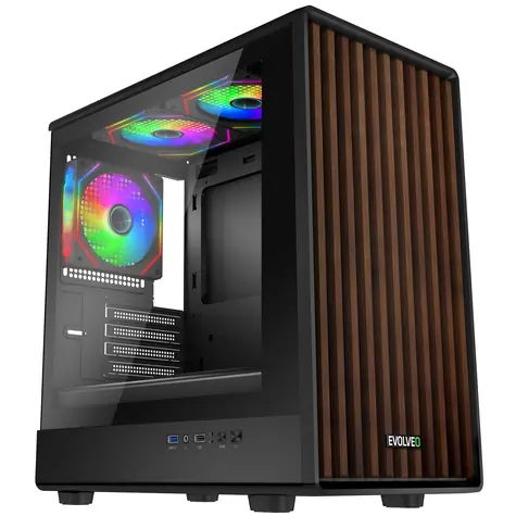 Evolveo Panthera schwarz / PC-Gehäuse / mATX / 3x ARGB 120mm / Holzfront / gehärtetes Glas / ohne Netzteil
