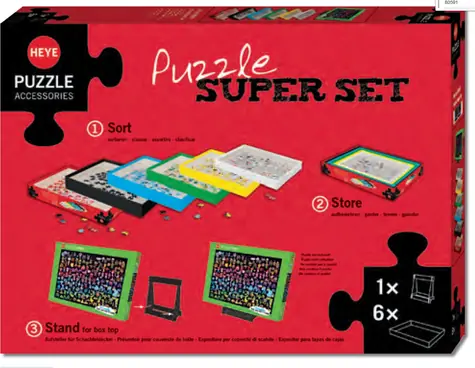 HEYE Super Set / Puzzle-Sortierer / 6 farbige Boxen / Vorlagenständer