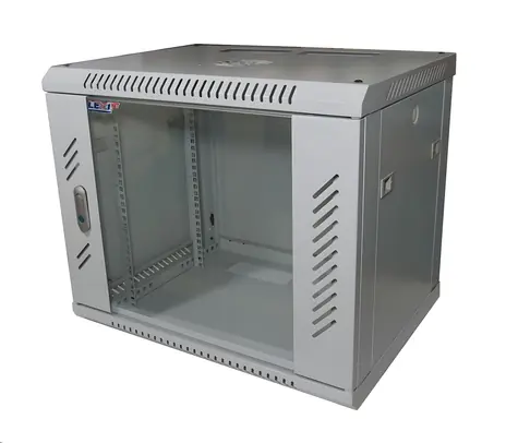 Lexi-net 19"-Wandrack 9 HE 600 x 450 mm grau / Wandrack / Tragfähigkeit 60 kg / Glastür / ausgeklappt