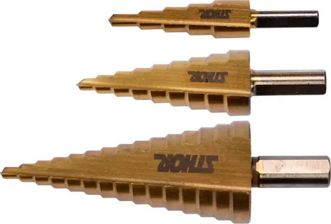 STHOR Stufenbohrer-Set, 3-teilig / Bohrer / 4-12 / 4-20 / 4-32 mm / HSS-TiN