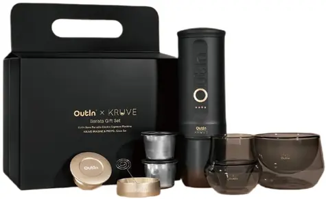 Outin Nano Kruve schwarz-gold / Tragbare Espressomaschine / 20 bar / 100 W / Geschenkset