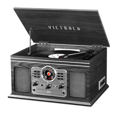 Victrola VTA-200B grau / Plattenspieler mit Radio, CD- und MC-Mechanismus / 33, 45 und 78 U/min / FM / BT / RCA / Lautsprecher