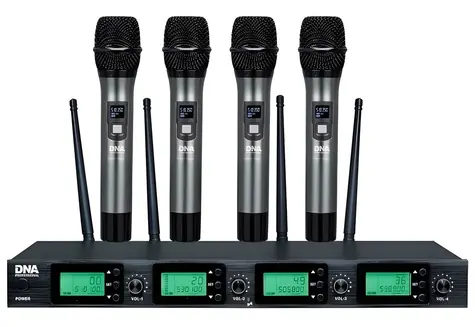 DNR RV-4 schwarz / Drahtloses Mikrofonset / UHF-Empfänger / 4X Mikrofone / Signal-Rausch-Verhältnis >96 dB