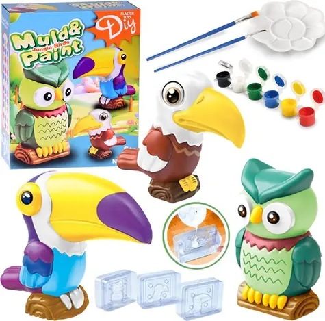 JOKOMISIADA Dschungelvogel-Bastelset / Kreativset / Gipsabguss / 3 Formen / 8 Farben