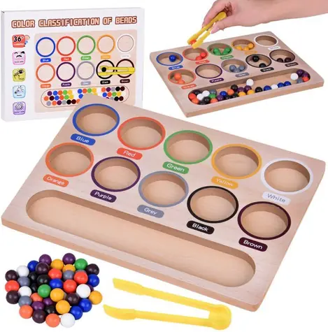 JOKOMISIADA Farben sortieren / Motorisches Spiel / Holz / 50 Kugeln / Pinzette