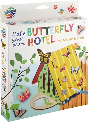 MOXY Schmetterlingshotel aus Holz / Kreativset / Balsaholz / Acrylfarben / 16 x 13 x 10 cm