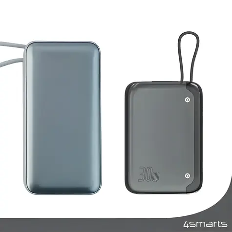 4smarts Pocket 10000mAh Space Grau / Powerbank / 30W PD / integriertes USB-C-Kabel / LCD-Display
