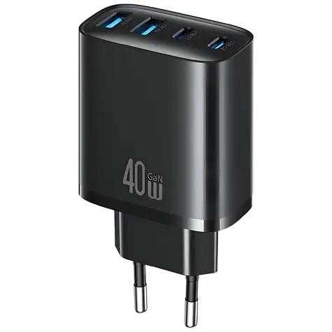 USAMS T70 schwarz / Ladegerät / 40 W / 2x USB-A / 2x USB-C / PD, QC