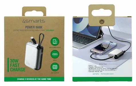 4smarts Pocket 10000mAh silber / Powerbank / 30W / integriertes USB-C-Kabel 15cm / Display