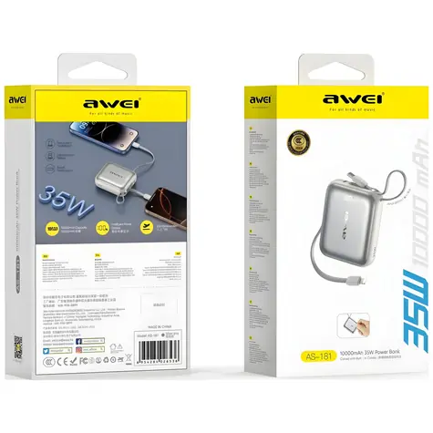 Awei AS-181 silber / Powerbank / 10000 mAh / 35 W / USB-C + Lightning-Kabel