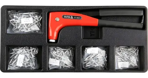 YATO Schubladeneinsatz - Nietzange, 5-teiliges Nietenset / Schubladeneinsatz / 6-teilige Zange / Nieten 2,4-4,8 mm