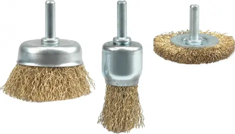 Vorel Drahtbürsten-Set mit Bohrmaschinenaufsatz / 3-teilig / Messingbeschichteter Draht