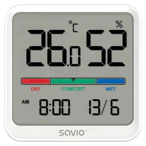 CT-01/W weiß / Thermometer und Hygrometer / LCD-Display / Uhr und Datum / Magnethalterung