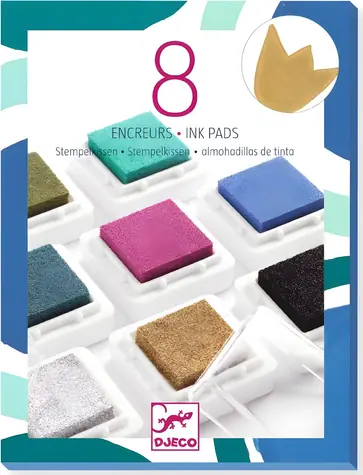 DJECO Stempelkissen für CHIC Stempel / 8-teiliges Set / inkl. Reinigungspad / 2 Metallic-Farbtöne