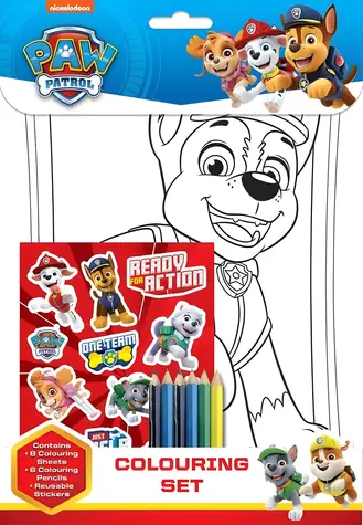 NICKELODEON Paw Patrol Malbuch-Set / Malbuch / 8 Malvorlagen / 6 Buntstifte / Stickerbogen