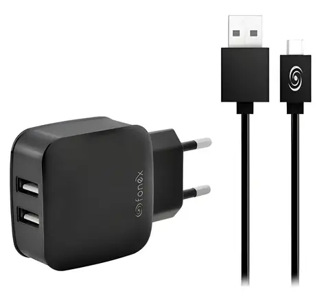 Fonex Reise-Ladeset 2x USB-A + microUSB schwarz / Ladegerät / 2,1 A / 10 W