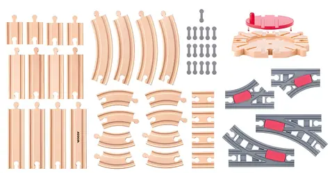 Woody Eisenbahnset mit Drehscheibe / Schienen für Holzeisenbahn / 50-teilig