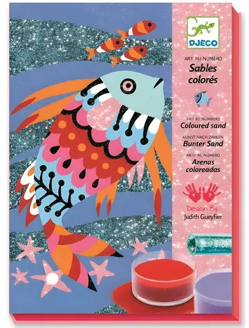 DJECO Kreativset Regenbogenfische / Lose farbige Sande / 4 Bilder / Glitzernde Pailletten