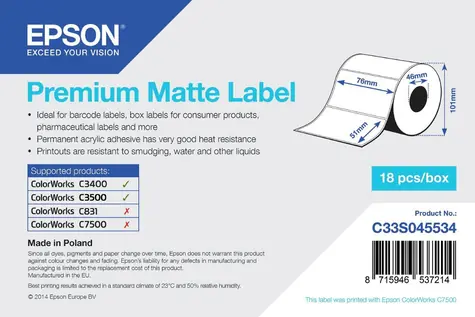 Epson Premium Matte Etiketten 76x51 mm / Etiketten / Stanzrolle / 650 Stück / wasserfest