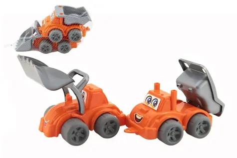 TEDDIES Baumaschinen, 2 Stück / Waggonlader und Waggon mit Aufbau / Kunststoff / freilaufend / 12 m+