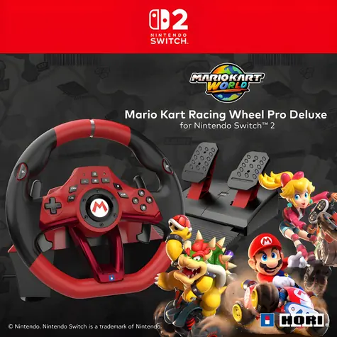 HORI Mario Kart Rennlenkrad Pro Deluxe / Lenkrad / Nintendo Switch und Switch 2 / Pedale und Schaltwippen / Durchmesser 28 cm