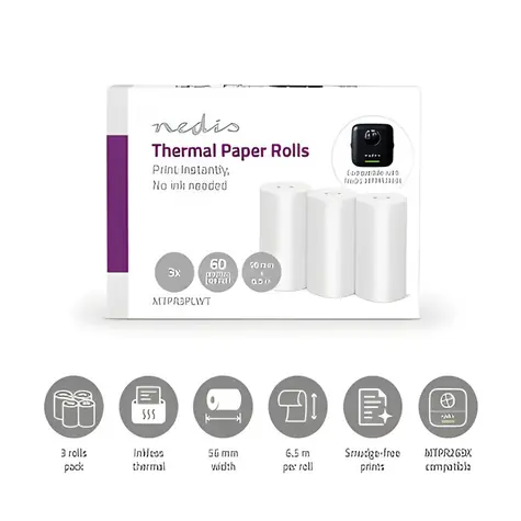Nedis Thermopapierrolle Weiß / Thermopapierrolle / 56 mm / 6,5 m / 3 Stück