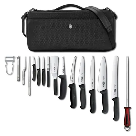 VICTORINOX Kompaktes Kochmesserset in Tasche, Schwarz / Messerset / 16-teilig / Swiss Classic und Fibrox