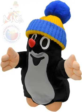 Mährisches Zentralbüro: Handpuppe Maulwurf mit blau-gelbem Hut / 28 cm / ab 3 Jahren