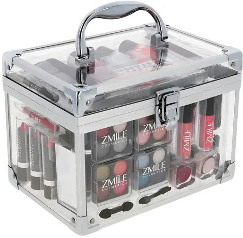 Zmile Cosmetics Acryl-Kosmetikkoffer, transparent, 42-teilig ~ Puder 3,2 g + Lipgloss 4 g + Rouge 6,4 g