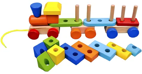 Bino Nachzieheisenbahn für Babys mit Steckbausteinen / 2 Waggons / Holz / ab 18 Monaten