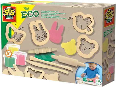 SES Creative Öko-Knete, glutenfrei / 3 x 90 g + Holzwerkzeuge / ab 3 Jahren