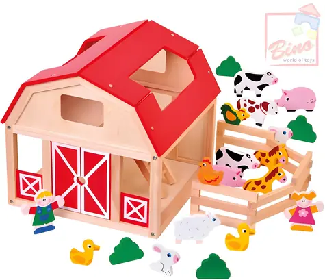 Bino Spielset Bauernhof mit Tieren / Holz / 2 Figuren und Zubehör / ab 3 Jahren