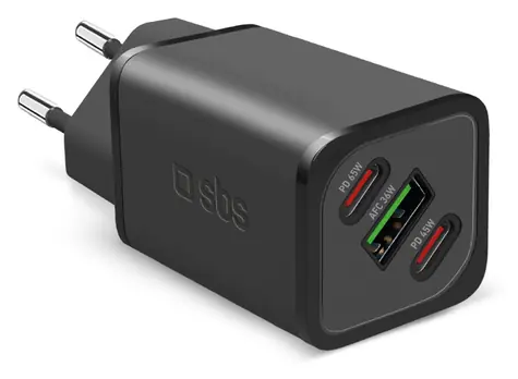 SBS NanoTube schwarz / Reiseadapter / GaN / 2x USB-C, USB-A / 65 W / PD